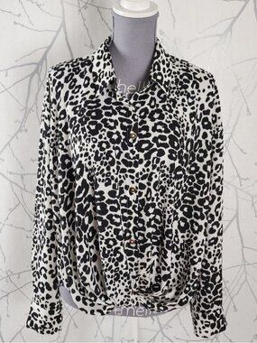 Laura White Leopard Print Button Up Knotted Blouse